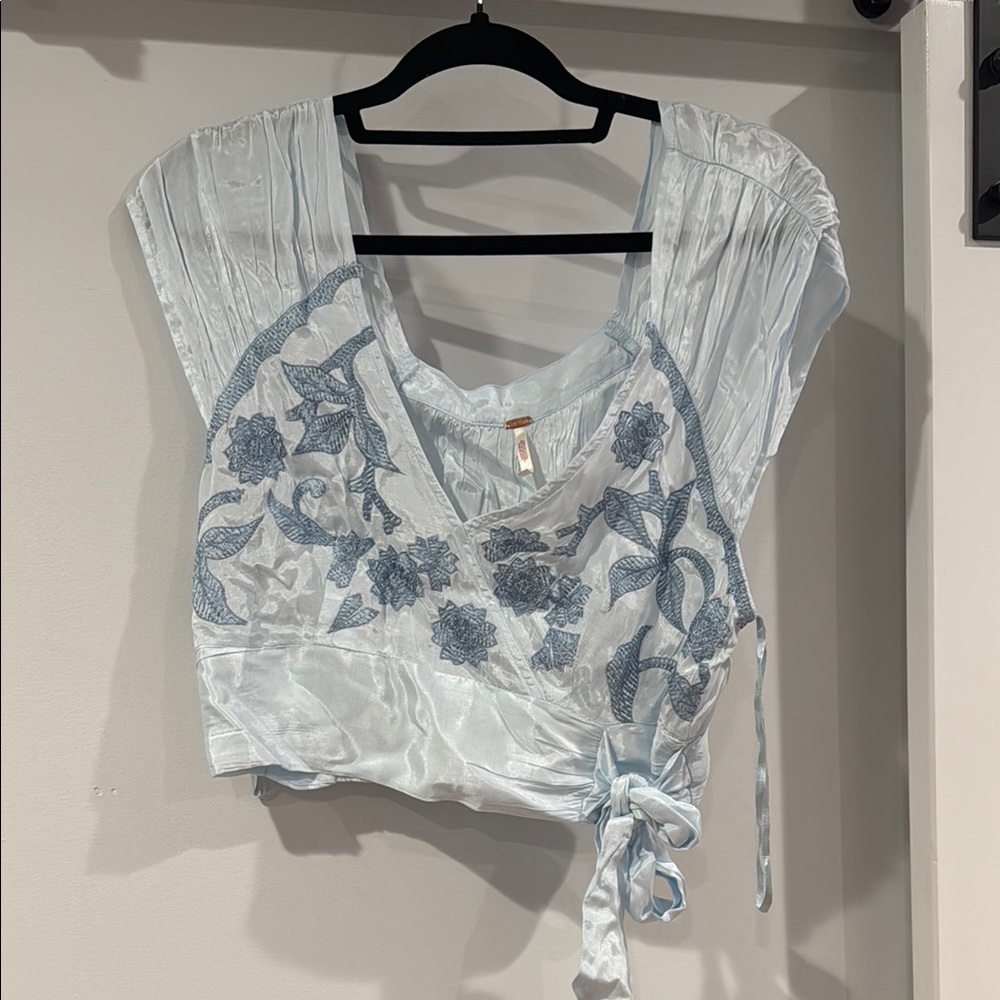 Free People Blue and White Tie Front Crop Blouse